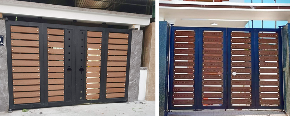 Mẫu cổng sắt 4 cánh dùng nan gỗ thẩm mỹ Cửa Cổng Hiện Đại-1